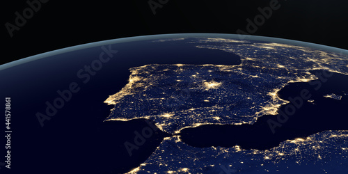 Iberian Peninsula at night in the earth planet rotating from space photo
