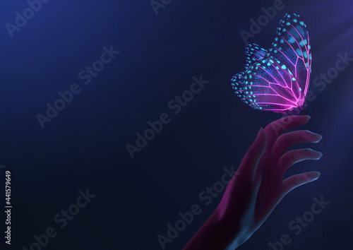 3D Render of Magical glowing neon and fluorescent butterfly stand on hand in a hopeful pose (ID: 441579649)