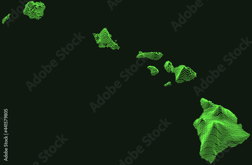 Topographic military radar tactical map of the Federal State of Hawaii, USA with emerald green contour lines on dark green background