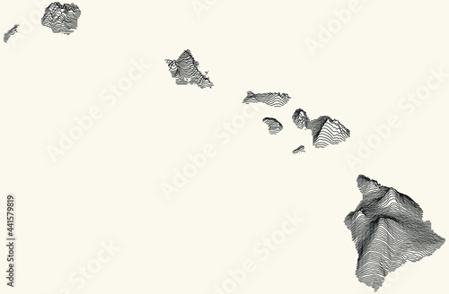 Light topographic map of the Federal State of Hawaii, USA with black contour lines on beige background