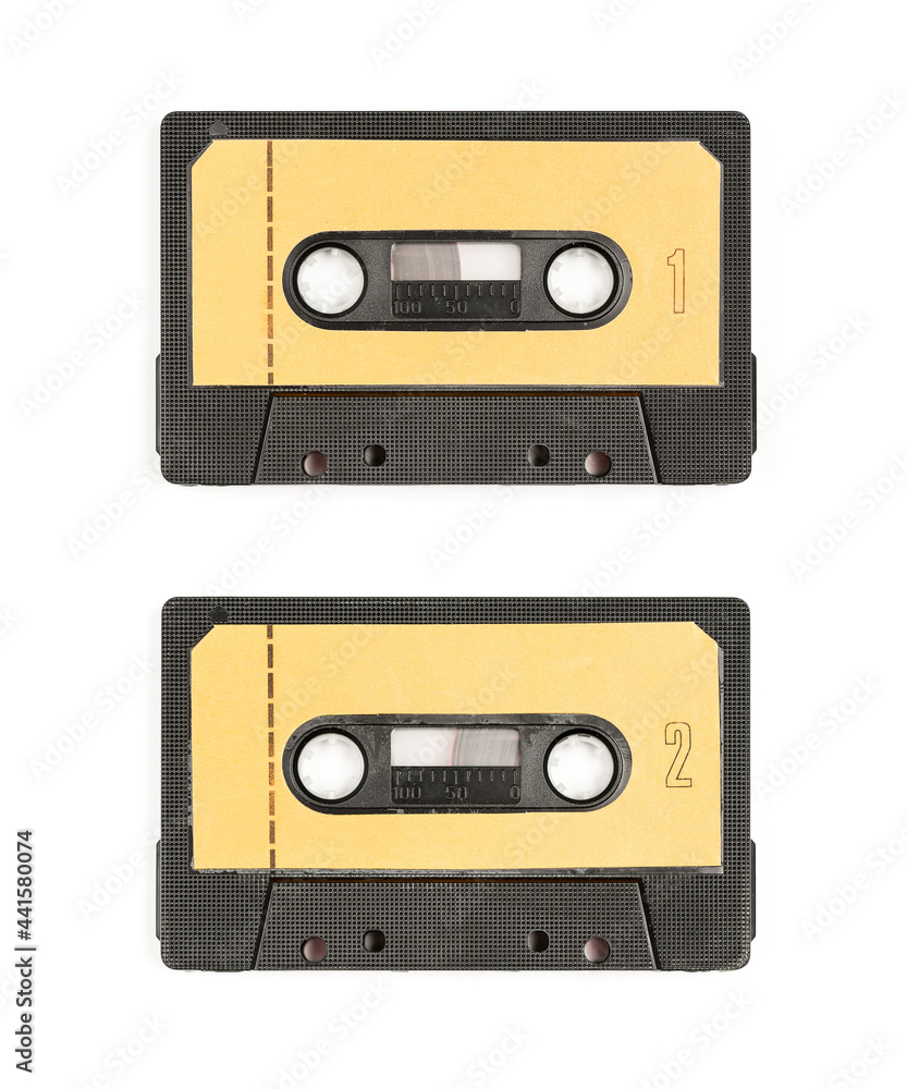 Fototapeta premium Old Vintage Audio cassette tape - both sides 1 and 2 isolated on a white background with Clipping Path