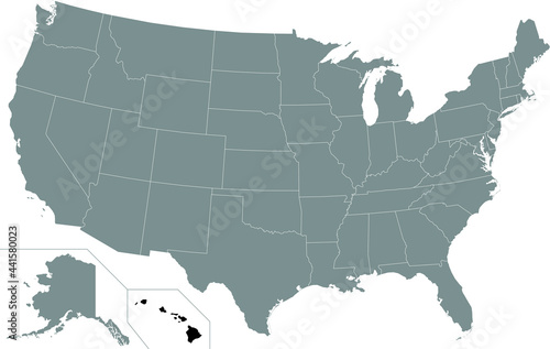 Black highlighted location map of the US Federal State of Hawaii inside gray map of the United States of America