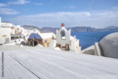 Table background of free space and summer landscape of Greece 