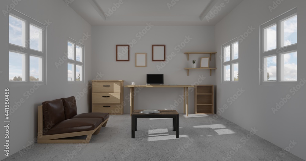 Fototapeta premium 3d render interior room. minimal style design. working desk. home interior design. template for website, wallpaper, and mockup.