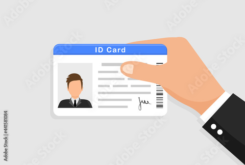 Plastic Id card. Hand holds personal identity card. Driver license. Identification verification. Person data with photo and signature. Vector illustration in flat style.