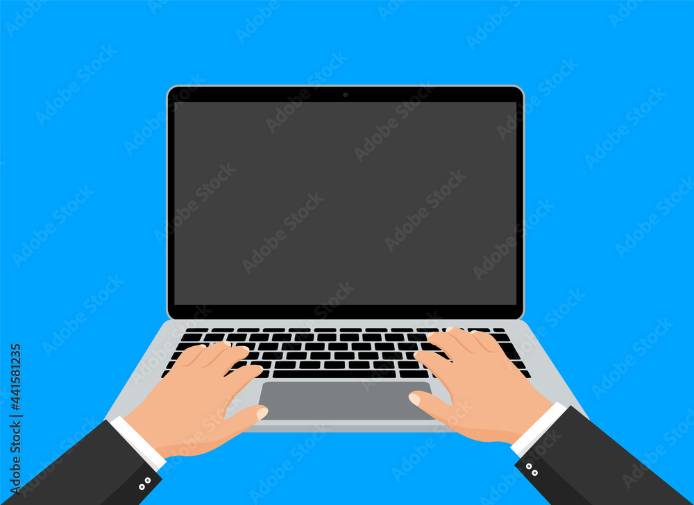 Laptop and hands typing on keyboard. Human working on laptop. Notebook blank screen for text space. Workplace. Vector illustration. Laptop and hands typing on keyboard. Human working on laptop. Notebook blank screen for text space. Workplace. Vector illustration.