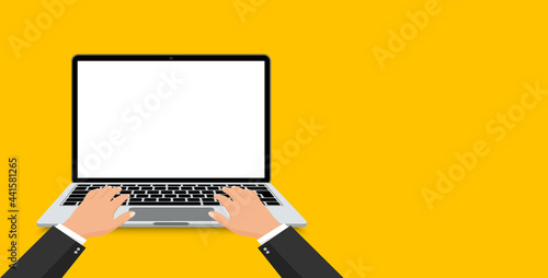 Laptop and hands typing on keyboard. Human working on laptop. Notebook blank screen for text space. Workplace. Vector illustration.