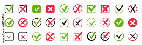 Check mark icon set. Green check marks and red crosses. Tick and cross icons. Accepted or rejected, true or false, right or wrong, yes or no signs. Checkbox icons. Vector illustration.
