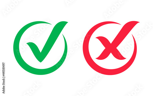 Check mark icons. Green check mark and red cross. Tick and cross icons. Accepted or rejected, true or false, right or wrong, yes or no signs. Checkbox icons. Vector illustration.