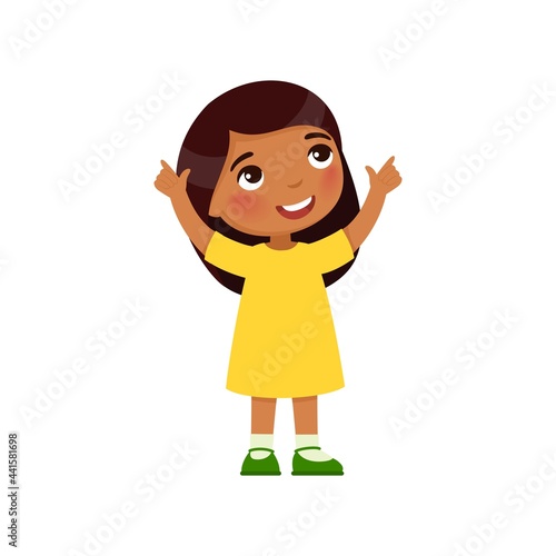 Little  Indian girl looks up and shows her fingers up. Dark skin cartoon character isolated on white background. Flat vector color illustration.