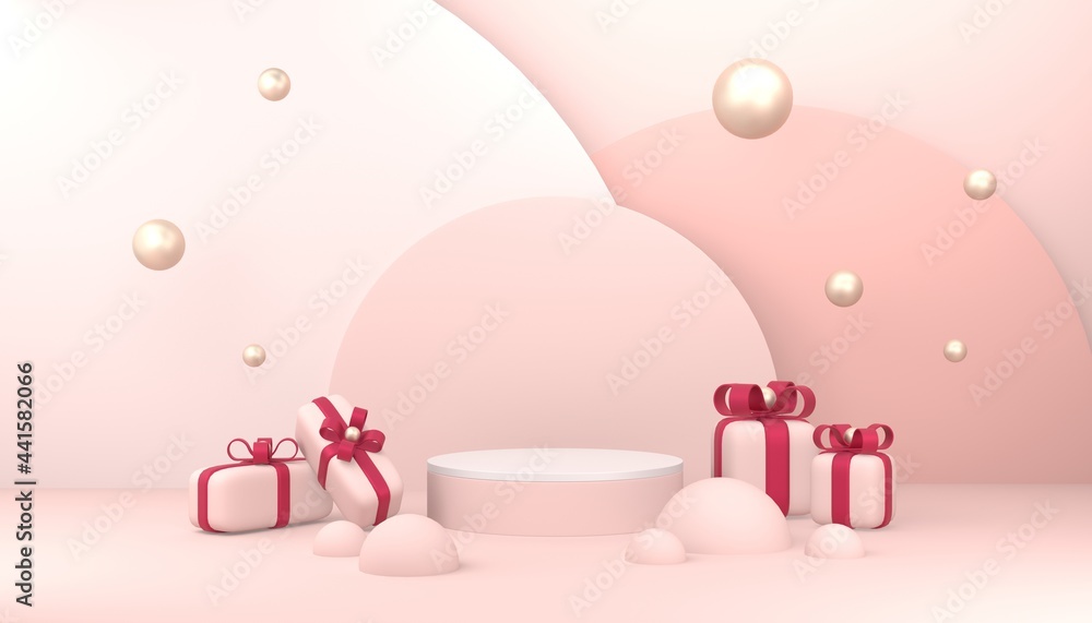 Pink pedestal or podium with cute presents on pastel pink background for product demonstration. 3D rendering. Pink pedestal or podium with cute presents on pastel pink background for product demonstration. 3D rendering.