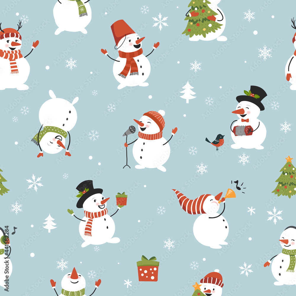 Christmas seamless pattern with cute snowmen. Perfect for gift wrap, textile and book covers, wallpapers and scrapbook. Hand drawn vector illustrationfor winter holidays. Christmas seamless pattern with cute snowmen. Perfect for gift wrap, textile and book covers, wallpapers and scrapbook. Hand drawn vector illustrationfor winter holidays.