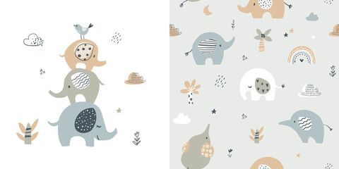 Gardinen Tiermuster Cute elephant card and seamless pattern for baby shower decor, nursery print,  kids apparel,  wrapping paper, fabric, and textile. Vector illustration.  © Colorlife