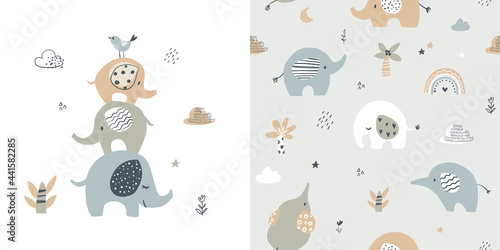Cute elephant card and seamless pattern for baby shower decor, nursery print, kids apparel, wrapping paper, fabric, and textile. Vector illustration.