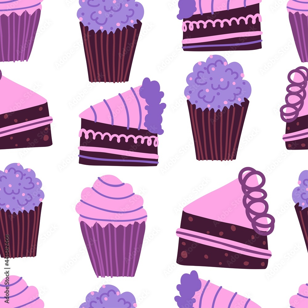 cute seamless pattern with cupcakes and pieces of birthday cake. colorful vector illustration isolated on white background. design for fabric, background, paper packaging.