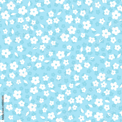 Vector white small fun daisy flowers repeat pattern on blue background. Suitable for textile, gift wrap and wallpaper.