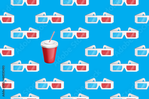 3d glasses and soda vector pattern on blue