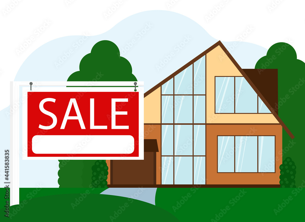 Illustration of the sale of a large residential building next to a sign with the text SALE