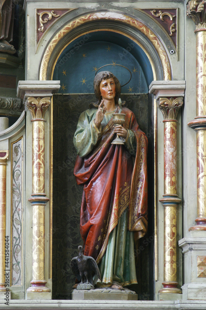 Saint John the Evangelist statue on the altar at Our Lady of Sorrows parish church of Saint John the Baptist in Sveti Ivan Zelina, Croatia
