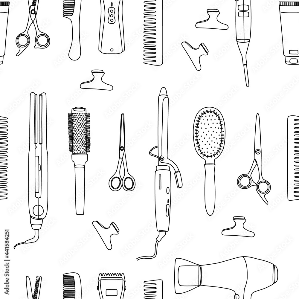 Barber tools on a white background in a seamless pattern. Line art of hair salon accessories for template, business cards, textiles or wrapping paper. Vector illustration, outline, shape, sketch.