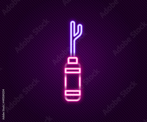 Glowing neon line Awl tool with wooden handle icon isolated on black background. Work equipment tailor industry. Colorful outline concept. Vector