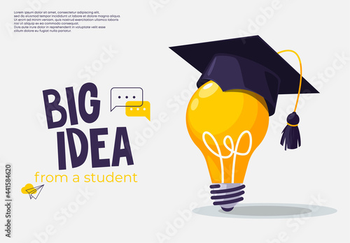 Vector illustration of the concept of a big idea from a student, a square academic cap of a student is put on an electric light bulb for light © Leonid