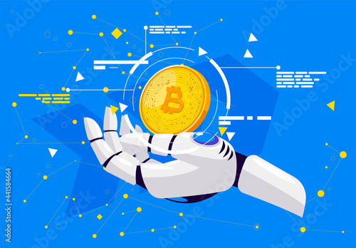 vector illustration of a bionic hand holding a gold coin of the bitcoin cryptocurrency on the palm