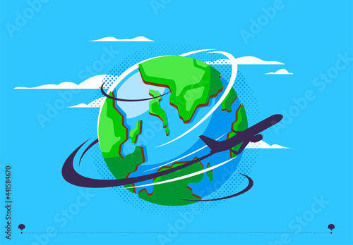 vector illustration of the silhouette of an airplane rounding around the planet, the plane is flying, the planet earth, a passenger plane over the planet earth