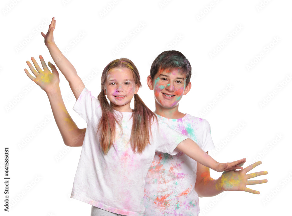 Friends covered with colorful powder dyes on white background. Holi festival celebration Friends covered with colorful powder dyes on white background. Holi festival celebration