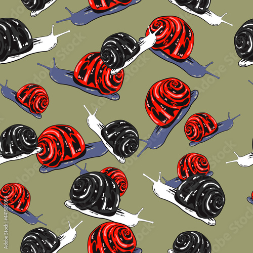 Vector seamless pattern with red and black snails on a gray background.