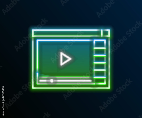 Glowing neon line Online play video icon isolated on black background. Film strip with play sign. Colorful outline concept. Vector