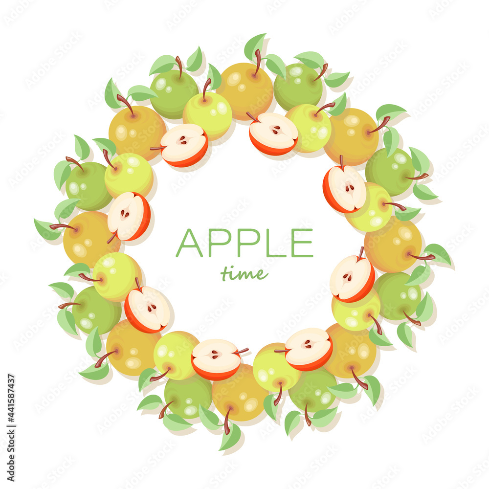 Fototapeta premium Apples delicious sweet fruit. Vector frame. Design with apple and leaf. Colored frame of apples.