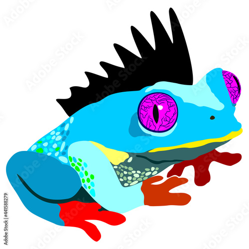 Vector isolated illustration of bright neon blue frog with red legs, big pink eyes and black mohawk.