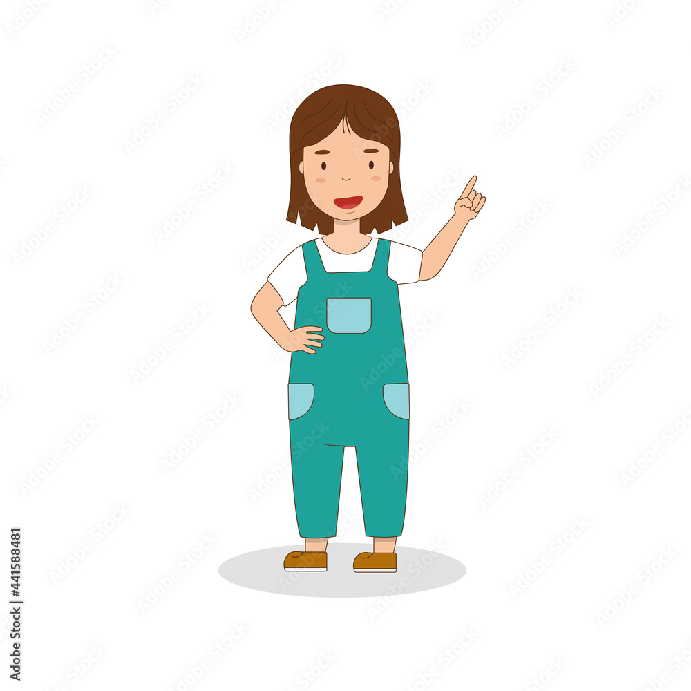 A little girl in overalls, pointing with her index finger. The kid shows the direction, paying attention with a gesture to important information, an ad A little girl in overalls, pointing with her index finger. The kid shows the direction, paying attention with a gesture to important information, an ad