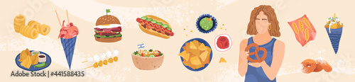 Street food like burger, samosa, hot dog, gyros, nachos, falafel, deep-fried chiken. Delicious israeli, thai, chinese, american, indian meal set. Multicultural sweets donuts, trdelnik, mochi vector.