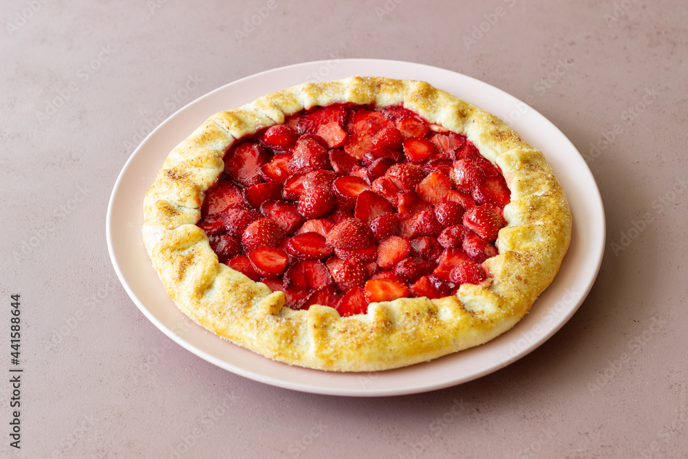 Strawberry galette or open pie . Baking. Vegetarian food. Strawberry galette or open pie . Baking. Vegetarian food.