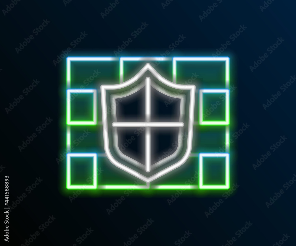 Glowing neon line Shield with cyber security brick wall icon isolated on black background. Data protection symbol. Firewall. Network protection. Colorful outline concept. Vector Glowing neon line Shield with cyber security brick wall icon isolated on black background. Data protection symbol. Firewall. Network protection. Colorful outline concept. Vector