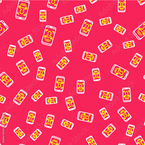 Line Mobile phone and face recognition icon isolated seamless pattern on red background. Face identification scanner icon. Facial id. Cyber security. Vector