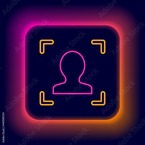 Glowing neon line Face recognition icon isolated on black background. Face identification scanner icon. Facial id. Cyber security concept. Colorful outline concept. Vector