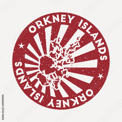 Orkney Islands stamp. Travel red rubber stamp with the map of the island, vector illustration. Can be used as insignia, logotype, label, sticker, or badge of the Orkney Islands.