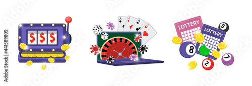 Online gambling addiction icon set. Risky entertainment internet casino dependence illustration. Slot machine, lottery game, roulette, dice and poker club symbols. Jackpot win and lucky raffle tickets