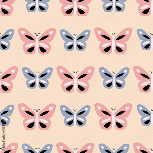 Pink and blue butterfly geometric striped pattern on tan background