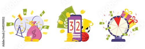 Foto Playing lottery awards raffle, sports betting and fortune wheel icon set