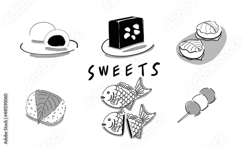 Hand drawn illustration of Japanese sweets collection in simple drawing 
