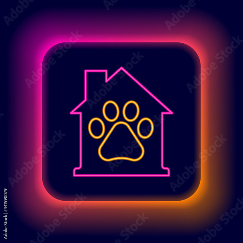 Glowing neon line Pet house icon isolated on black background. Colorful outline concept. Vector