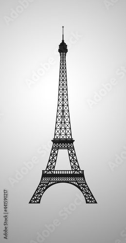 Eiffel tower vector image. Realistic silhouette. Symbol of Paris city. Isolated abstract graphic design template. National Holiday in France congrats concept. Black and white style. Frontal view.