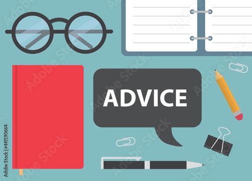 advice written on speech bubble on office desk- vector illustration