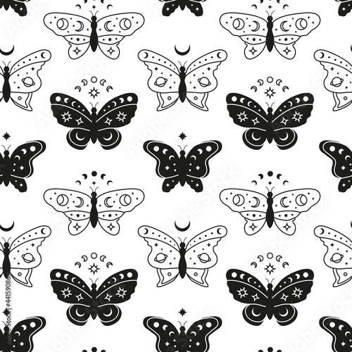 Seamless pattern with crescent moon, black and outline butterflies, stars.
