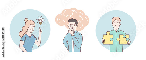 Brain activity abstract business concept vector flat illustration set. Brainstorming, problem solving, thinking and imagination,  idea, motivation and inspiration, find solution. Abstract metaphor. 