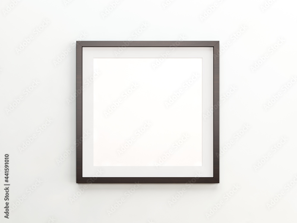 Square picture frame mockup with a dark wooden border. Single empty mockup frame hanging on a white wall. 3d illustration.
Square picture frame mockup with a dark wooden border. Single empty mockup frame hanging on a white wall. 3d illustration.